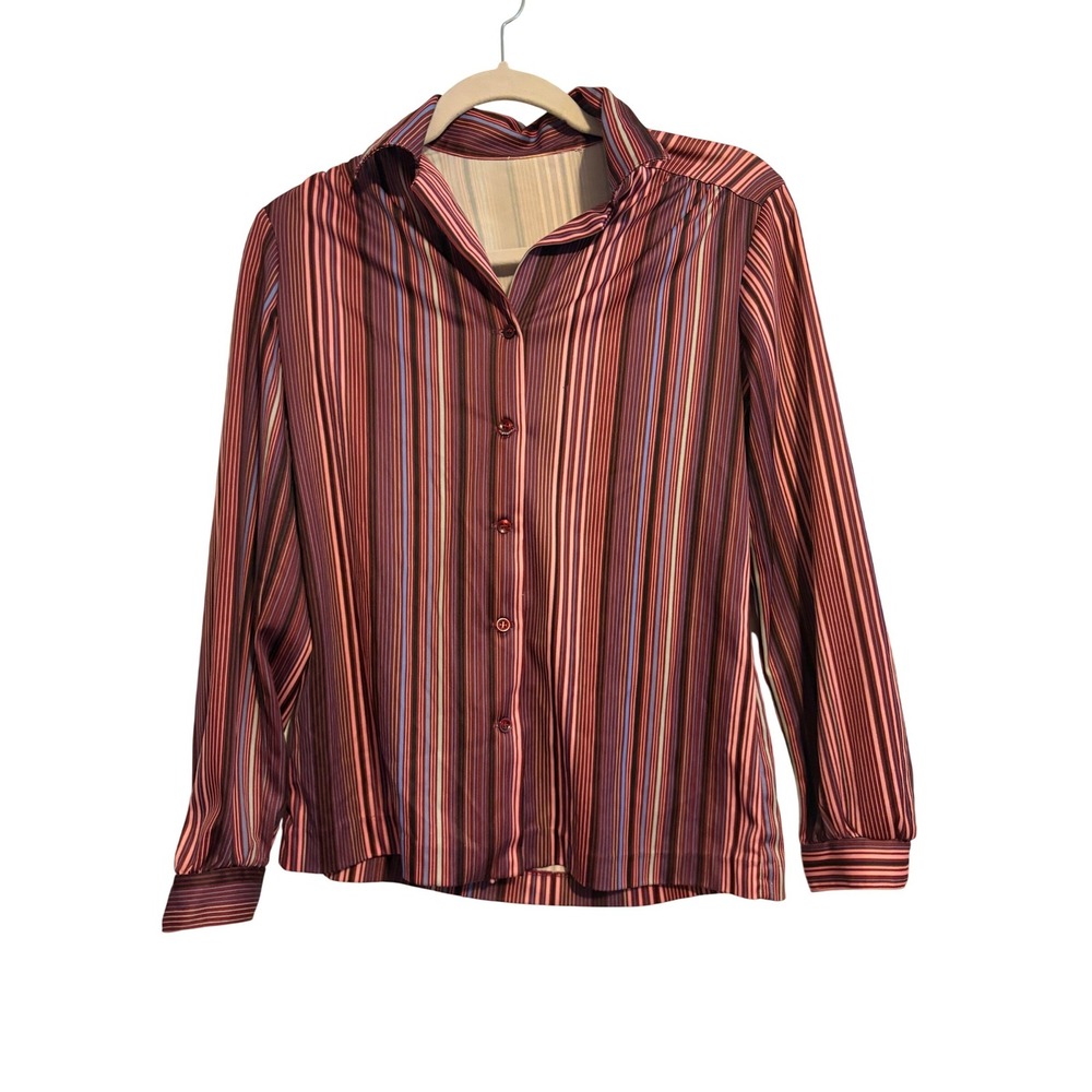 Vintage Button Down Blouse‎ Retro Stripe Burgundy Plum Silky Long Sleeve